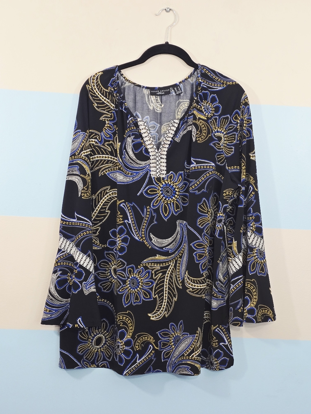 Susan Graver Black Tunic with Blue & Gold Floral Print - Picture 2 of 8